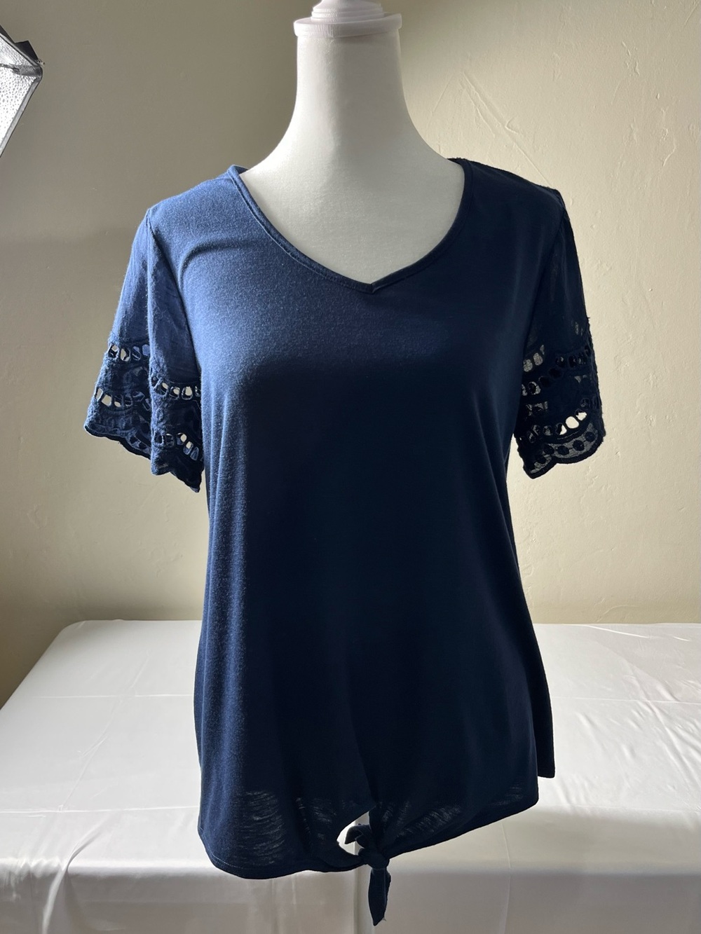 Notations Navy Blue V-Neck Short Sleeve Top with Eyelet Lace Sleeves & Tie-Front